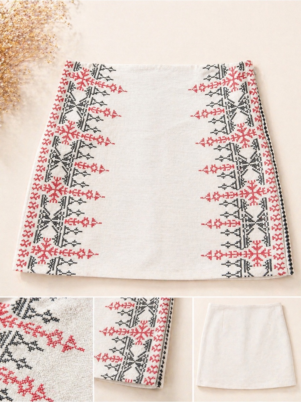 LOFT Ivory Mini Skirt with Coral & Black Embroidery
